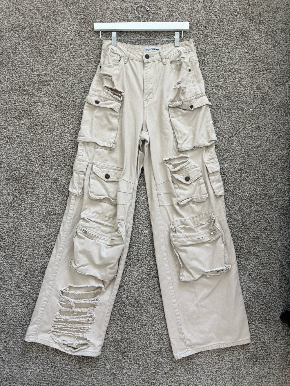 Fashion Nova Beige Distressed Cargo Wide-Leg Jeans